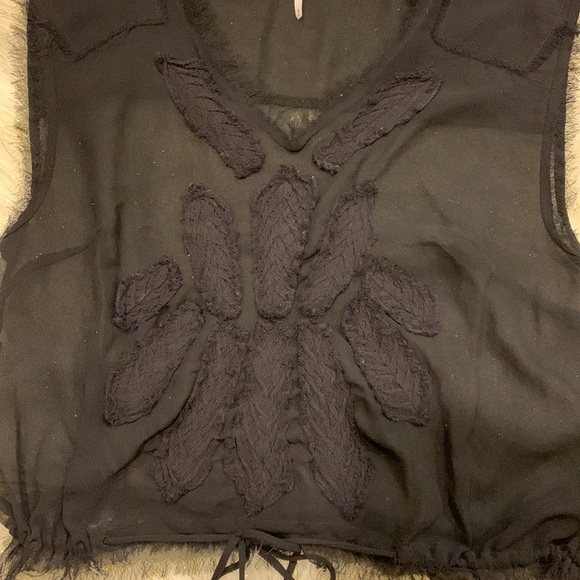 Free People Black Sheer Sleeveless Top with Feather Design Women’s Medium - Picture 2 of 5